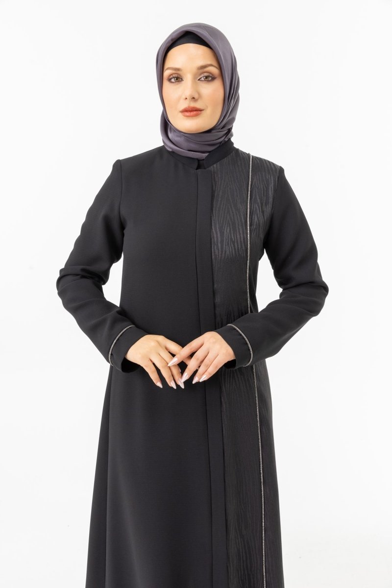 Black Single - Sided Jacquard Mandarin Collar Hidden Zipper Modest Abaya ZRNY 5505 - 25 - ihvan