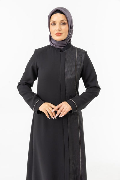 Black Single - Sided Jacquard Mandarin Collar Hidden Zipper Modest Abaya ZRNY 5505 - 25 - ihvan