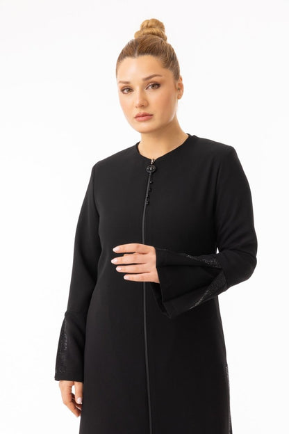 Black Stone Embellished Hijab Abaya - Pleated Sides and Sleeves Zerenay 5643 - 26 - ihvan
