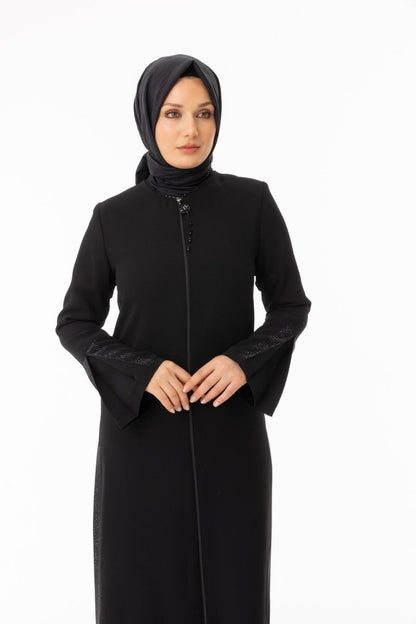 Black Stone Embellished Hijab Abaya - Pleated Sides and Sleeves Zerenay 5643 - 26 - ihvan