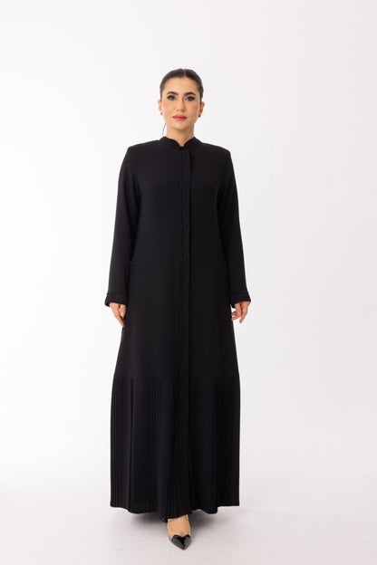 Black Stone Embellished Hijab Abaya - Pleated Skirt and Sleeve Cuff Abaya Zerenay 5627 - 26 - ihvan