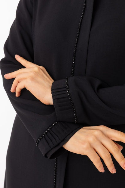 Black Stone Embellished Hijab Abaya - Pleated Skirt and Sleeve Cuff Abaya Zerenay 5627 - 26 - ihvan