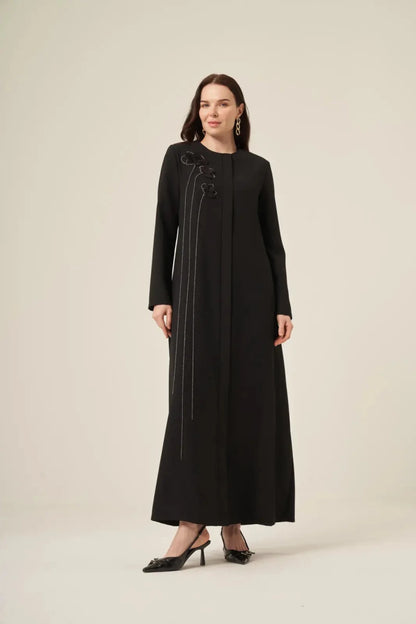 Black Swarovski Crystal Embellished Waterway Flower Pattern Hidden Zipper Abaya 6173-25 Black - ihvan