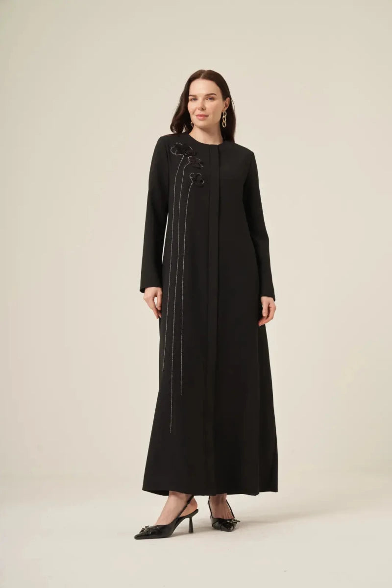 Black Swarovski Crystal Embellished Waterway Flower Pattern Hidden Zipper Abaya 6173-25 Black - ihvan