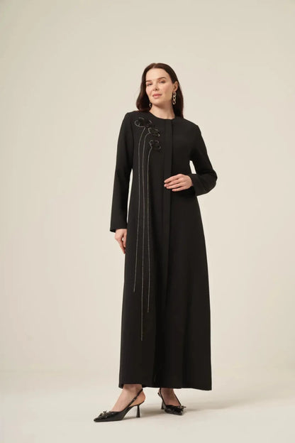Black Swarovski Crystal Embellished Waterway Flower Pattern Hidden Zipper Abaya 6173-25 Black - ihvan