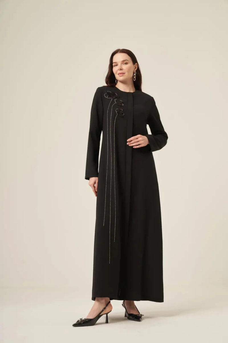 Black Swarovski Crystal Embellished Waterway Flower Pattern Hidden Zipper Abaya 6173-25 Black - ihvan