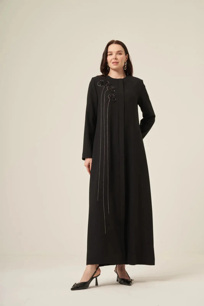 Black Swarovski Crystal Embellished Waterway Flower Pattern Hidden Zipper Abaya 6173-25 Black - ihvan