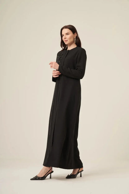 Black Swarovski Crystal Embellished Waterway Flower Pattern Hidden Zipper Abaya 6173-25 Black - ihvan