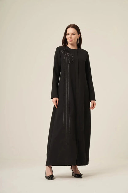 Black Swarovski Crystal Embellished Waterway Flower Pattern Hidden Zipper Abaya 6173-25 Black - ihvan