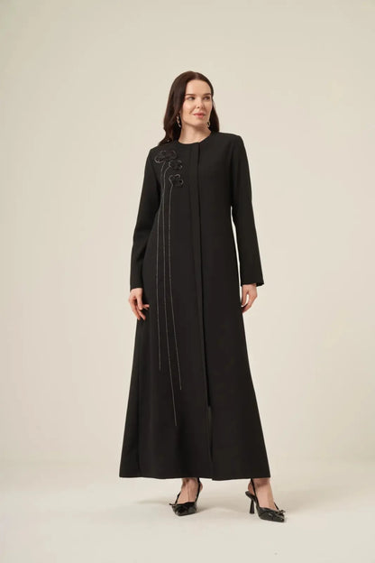Black Swarovski Crystal Embellished Waterway Flower Pattern Hidden Zipper Abaya 6173-25 Black - ihvan