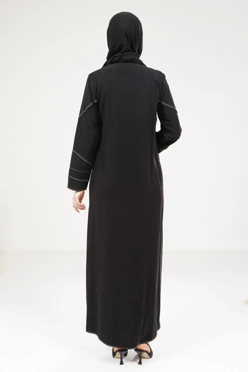 Black Tencel Denim Zip - Up Round Neck Sporty Hijab Abaya 9200 - 25 - ihvan