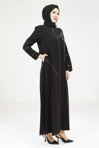 Black Tencel Denim Zip - Up Round Neck Sporty Hijab Abaya 9200 - 25 - ihvan