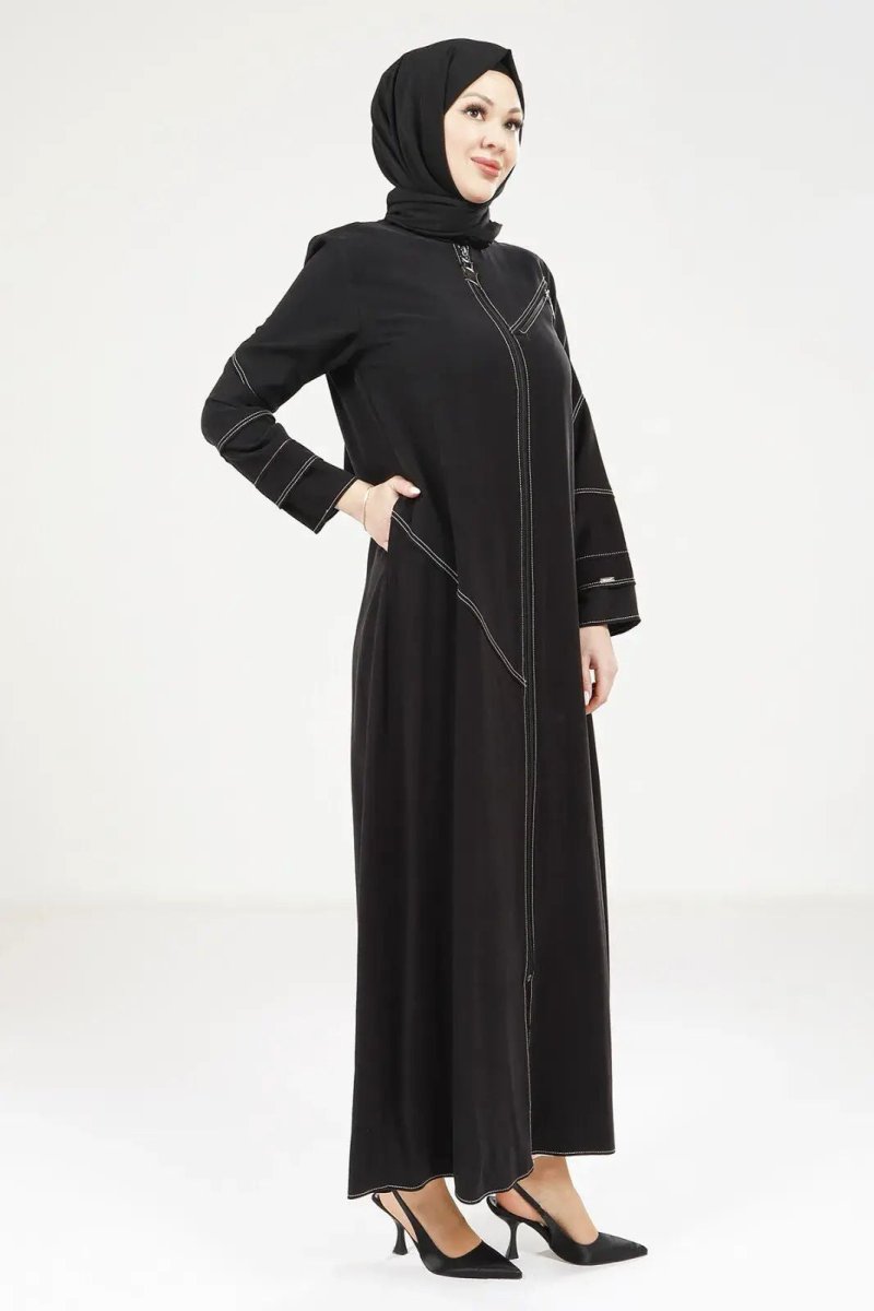 Black Tencel Denim Zip - Up Round Neck Sporty Hijab Abaya 9200 - 25 - ihvan