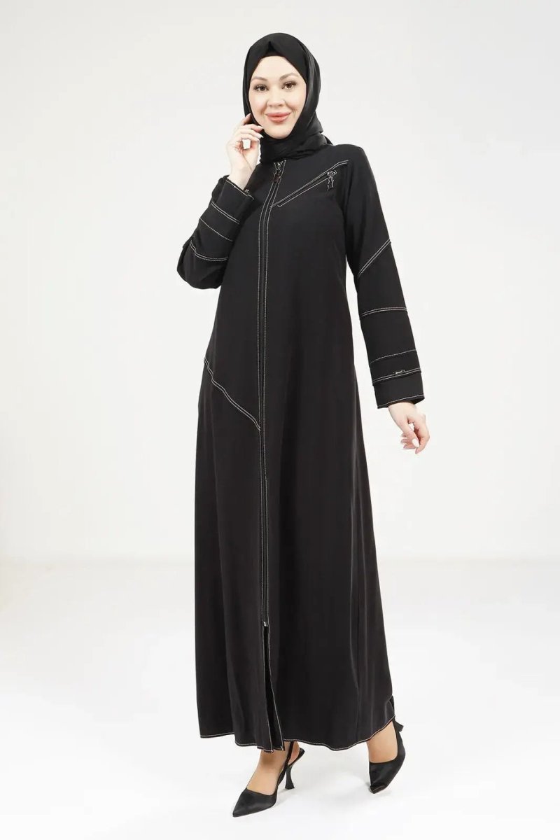 Black Tencel Denim Zip - Up Round Neck Sporty Hijab Abaya 9200 - 25 - ihvan