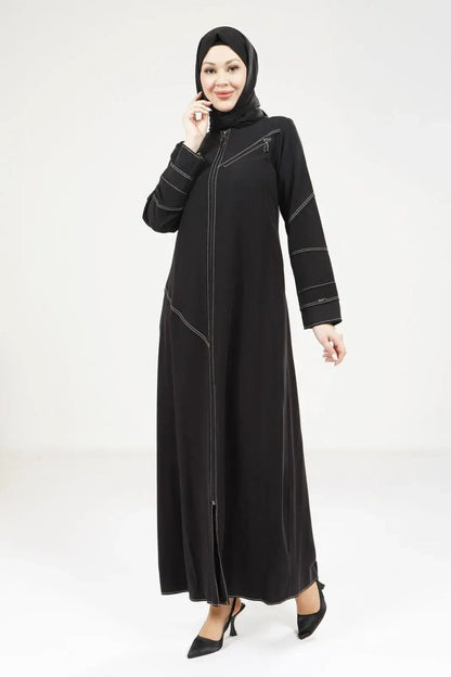 Black Tencel Denim Zip - Up Round Neck Sporty Hijab Abaya 9200 - 25 - ihvan