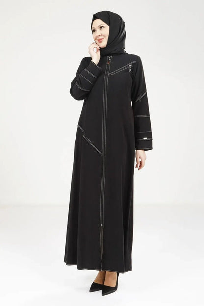 Black Tencel Denim Zip - Up Round Neck Sporty Hijab Abaya 9200 - 25 - ihvan