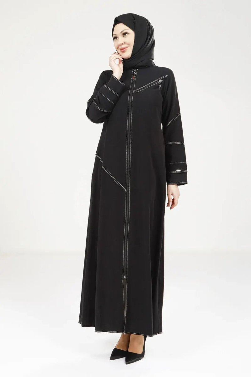 Black Tencel Denim Zip - Up Round Neck Sporty Hijab Abaya 9200 - 25 - ihvan