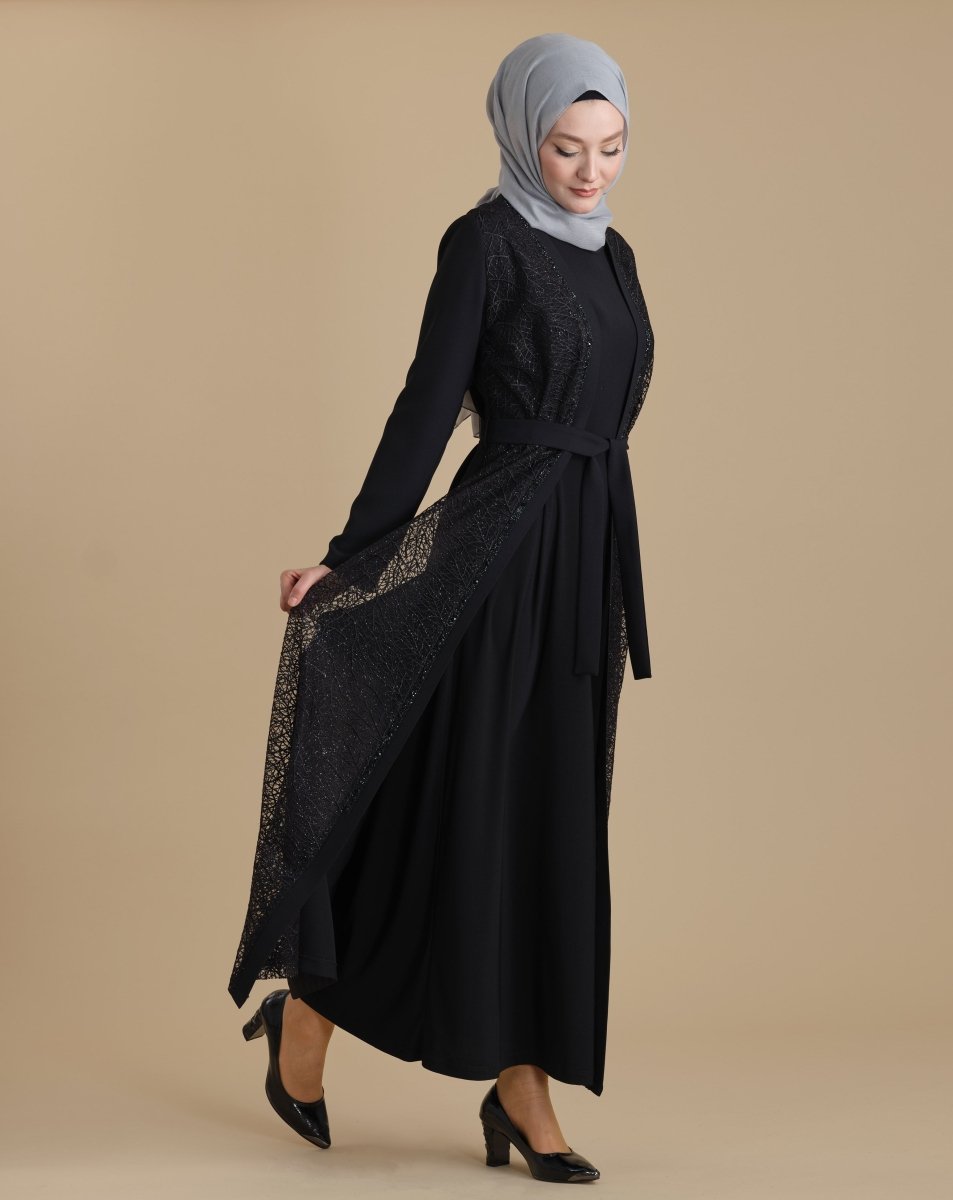 Black Two - Piece Abaya, Transparent, Crystal Embellished, Belted, Hijab - Style Ferace - ihvan