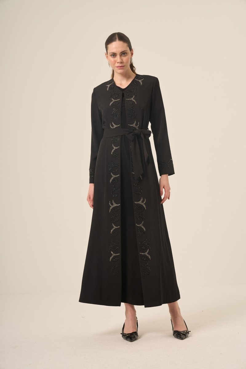 Black Two - Piece Abaya with Crystal Stone Details 6517 - 25 Black - ihvan