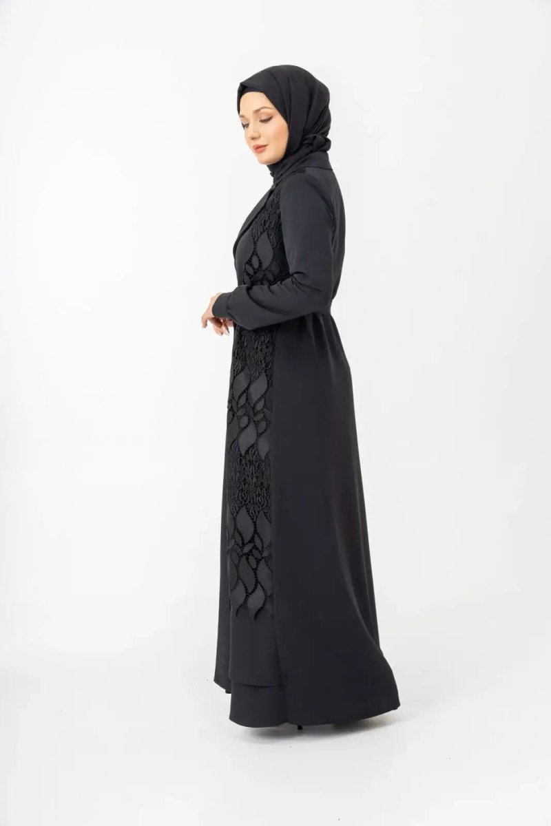 Black Two - Piece Lace Belted Abaya Zerenay 5509 - 25 - ihvan