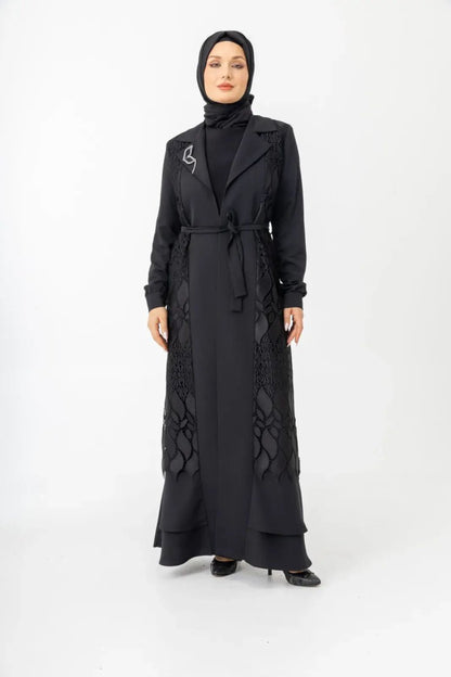 Black Two - Piece Lace Belted Abaya Zerenay 5509 - 25 - ihvan