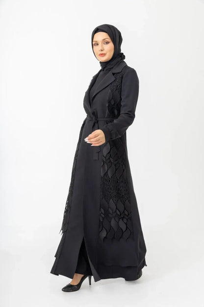 Black Two - Piece Lace Belted Abaya Zerenay 5509 - 25 - ihvan