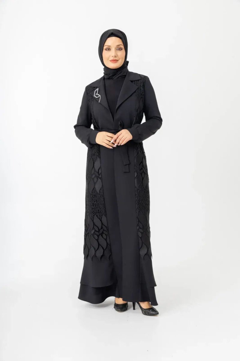 Black Two - Piece Lace Belted Abaya Zerenay 5509 - 25 - ihvan