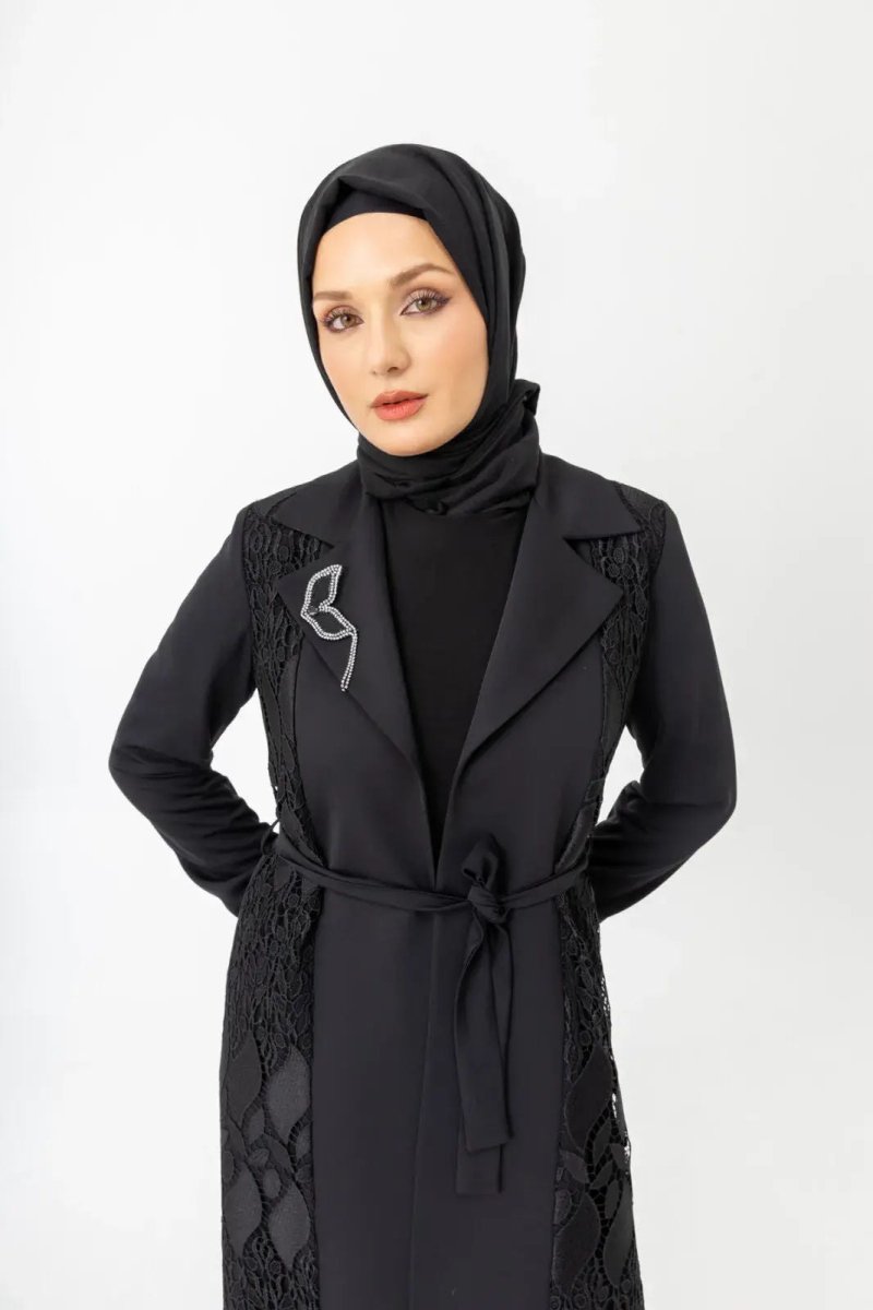 Black Two - Piece Lace Belted Abaya Zerenay 5509 - 25 - ihvan