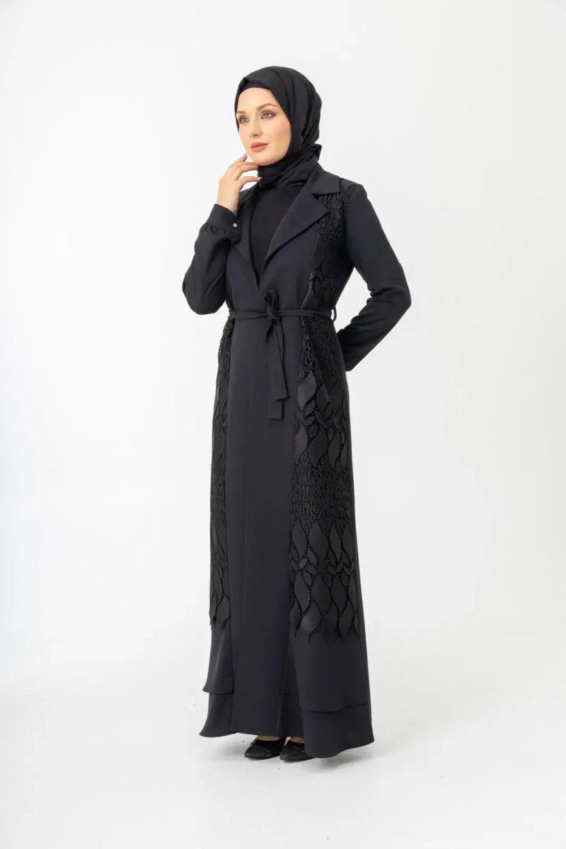 Black Two - Piece Lace Belted Abaya Zerenay 5509 - 25 - ihvan