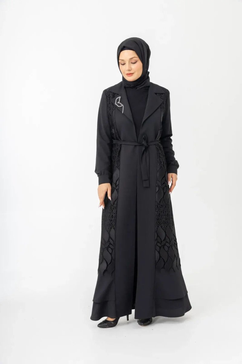 Black Two - Piece Lace Belted Abaya Zerenay 5509 - 25 - ihvan