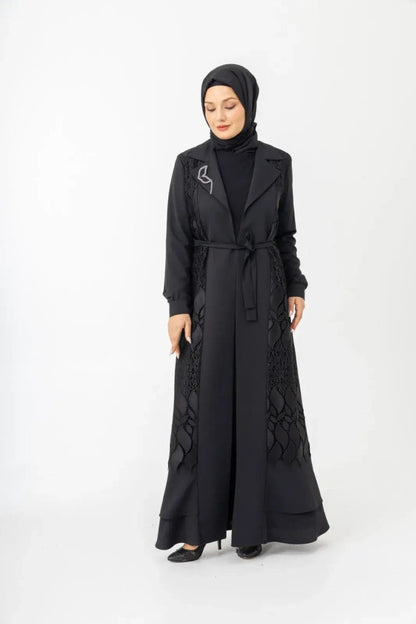 Black Two - Piece Lace Belted Abaya Zerenay 5509 - 25 - ihvan