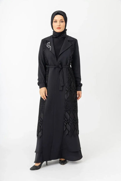 Black Two - Piece Lace Belted Abaya Zerenay 5509 - 25 - ihvan