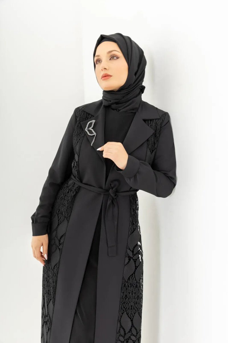 Black Two - Piece Lace Belted Abaya Zerenay 5509 - 25 - ihvan