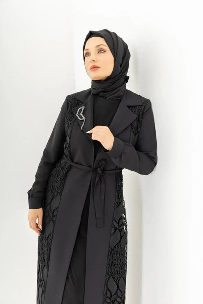 Black Two - Piece Lace Belted Abaya Zerenay 5509 - 25 - ihvan