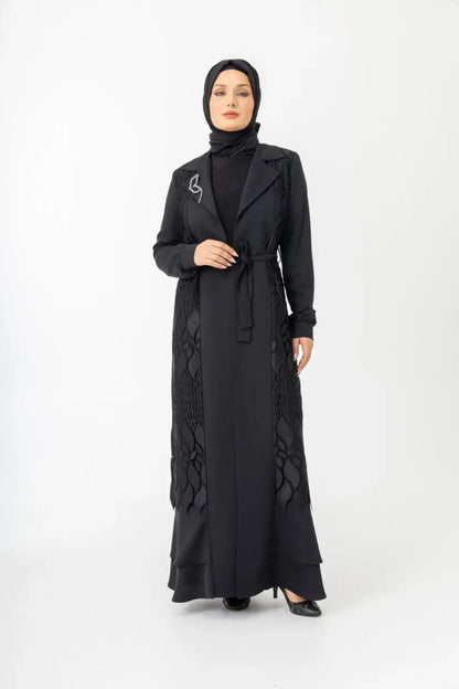 Black Two - Piece Lace Belted Abaya Zerenay 5509 - 25 - ihvan