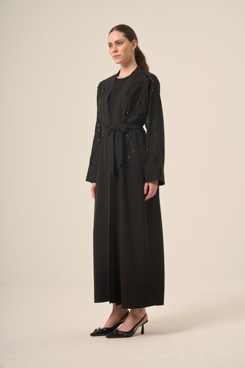 Black Two - Piece Raglan Sleeve Abaya with Crystal Embellishments and Detachable Belt 6520 - 25 Black - ihvan