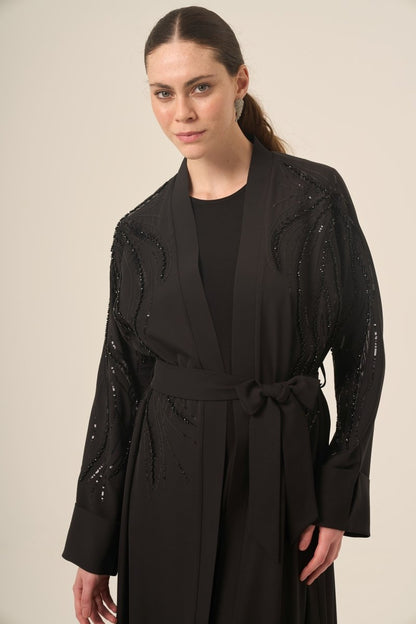 Black Two - Piece Raglan Sleeve Abaya with Crystal Embellishments and Detachable Belt 6520 - 25 Black - ihvan