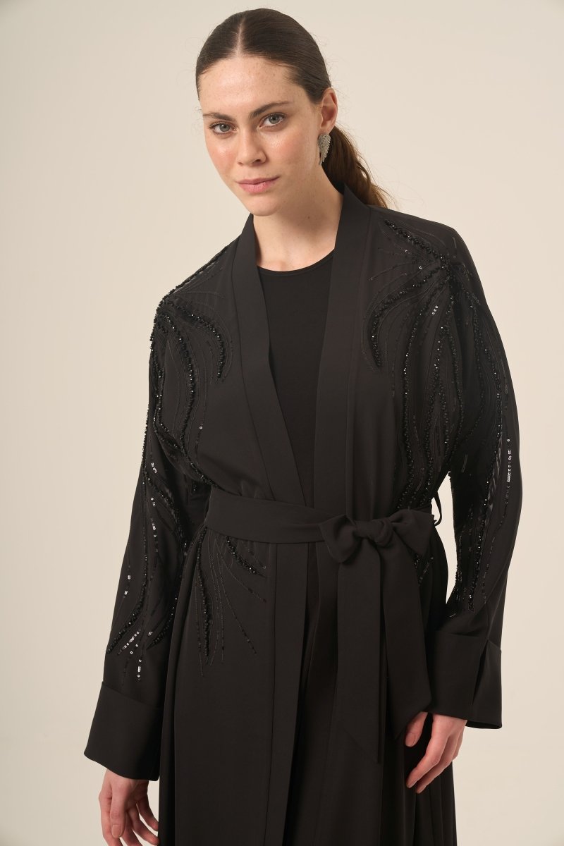 Black Two - Piece Raglan Sleeve Abaya with Crystal Embellishments and Detachable Belt 6520 - 25 Black - ihvan