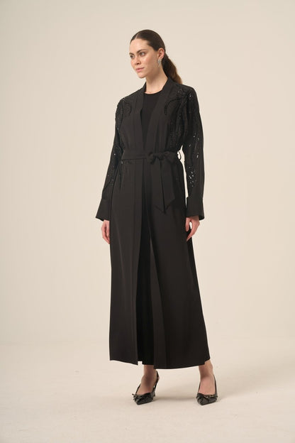 Black Two - Piece Raglan Sleeve Abaya with Crystal Embellishments and Detachable Belt 6520 - 25 Black - ihvan
