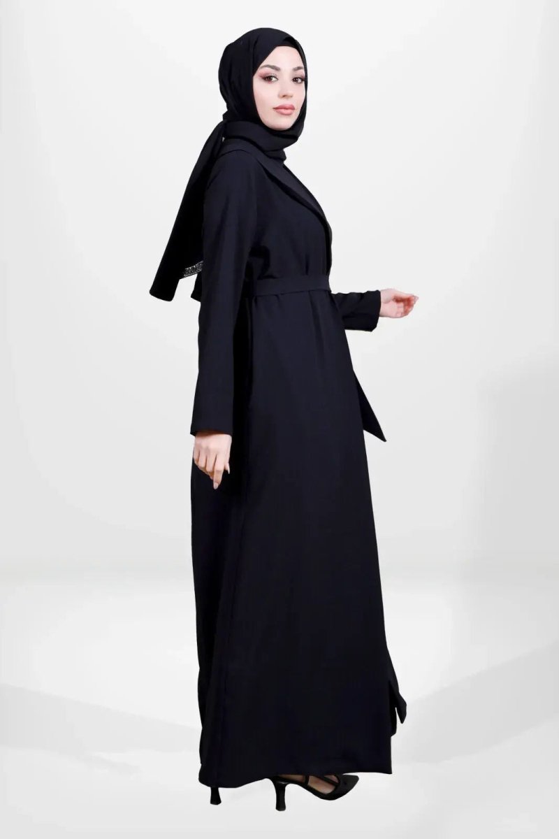 Black Two - Piece Shawl Collar Hijab Abaya with Detachable Belt 3980 - 25 - ihvan