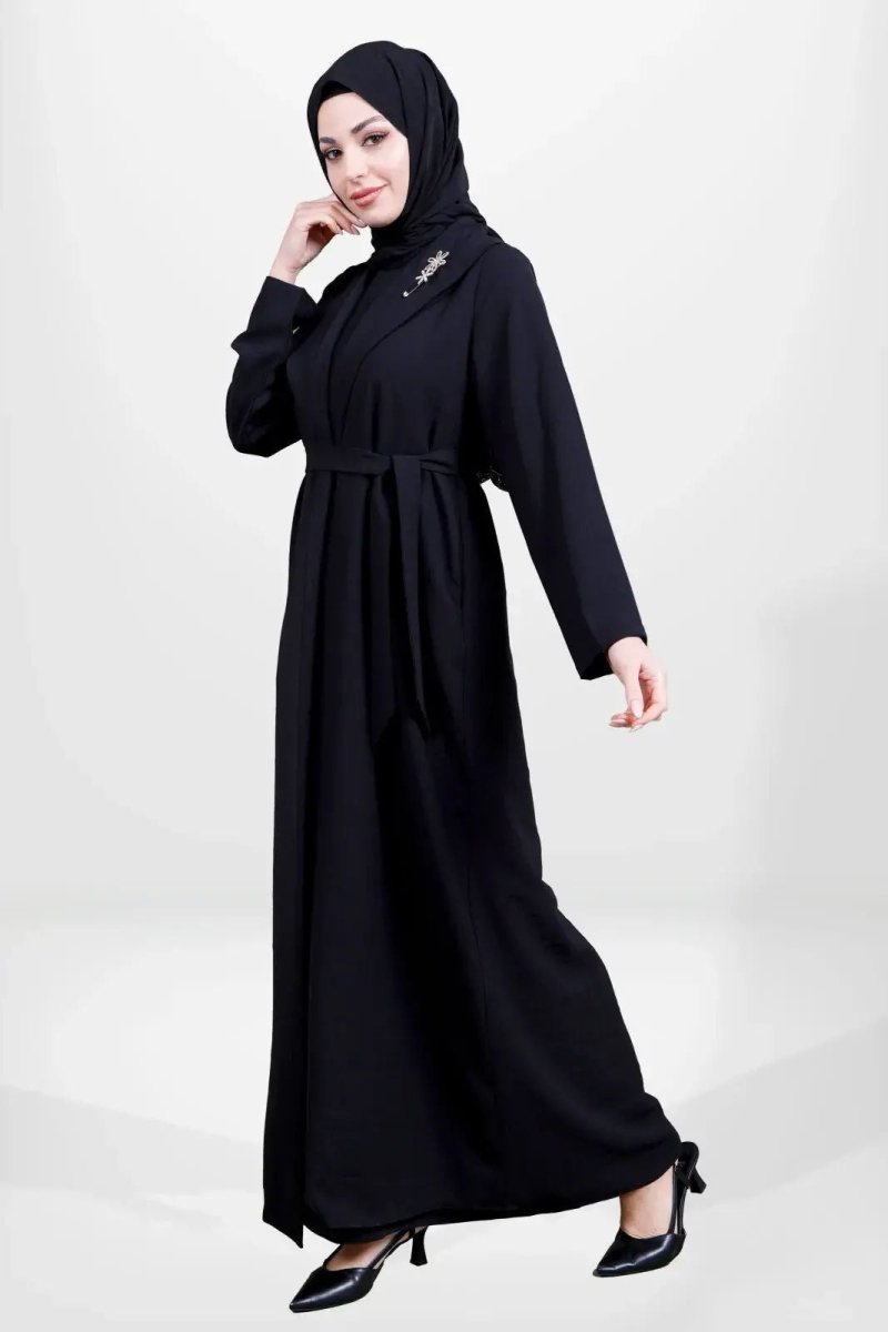 Black Two - Piece Shawl Collar Hijab Abaya with Detachable Belt 3980 - 25 - ihvan