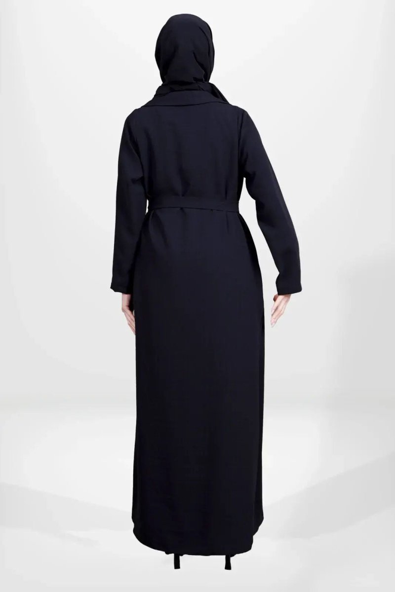 Black Two - Piece Shawl Collar Hijab Abaya with Detachable Belt 3980 - 25 - ihvan