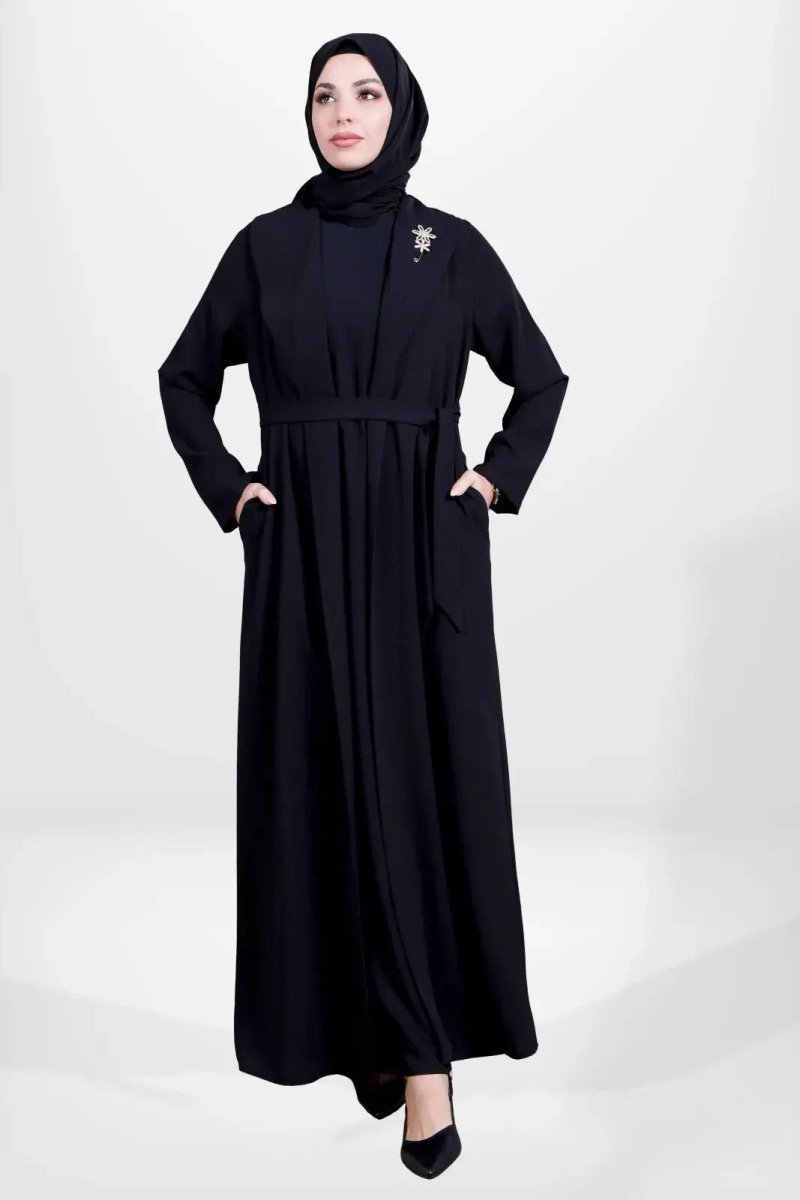 Black Two - Piece Shawl Collar Hijab Abaya with Detachable Belt 3980 - 25 - ihvan