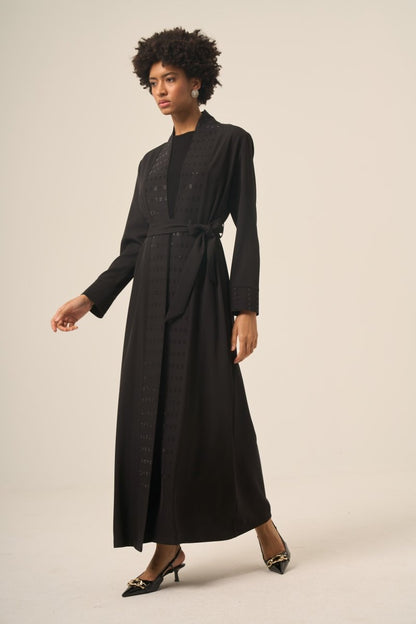 Black Two - Piece Square Abaya with Stone Embellishments and Detachable Belt - 6508 - 25 Black - ihvan