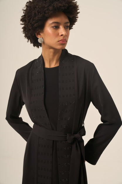 Black Two - Piece Square Abaya with Stone Embellishments and Detachable Belt - 6508 - 25 Black - ihvan