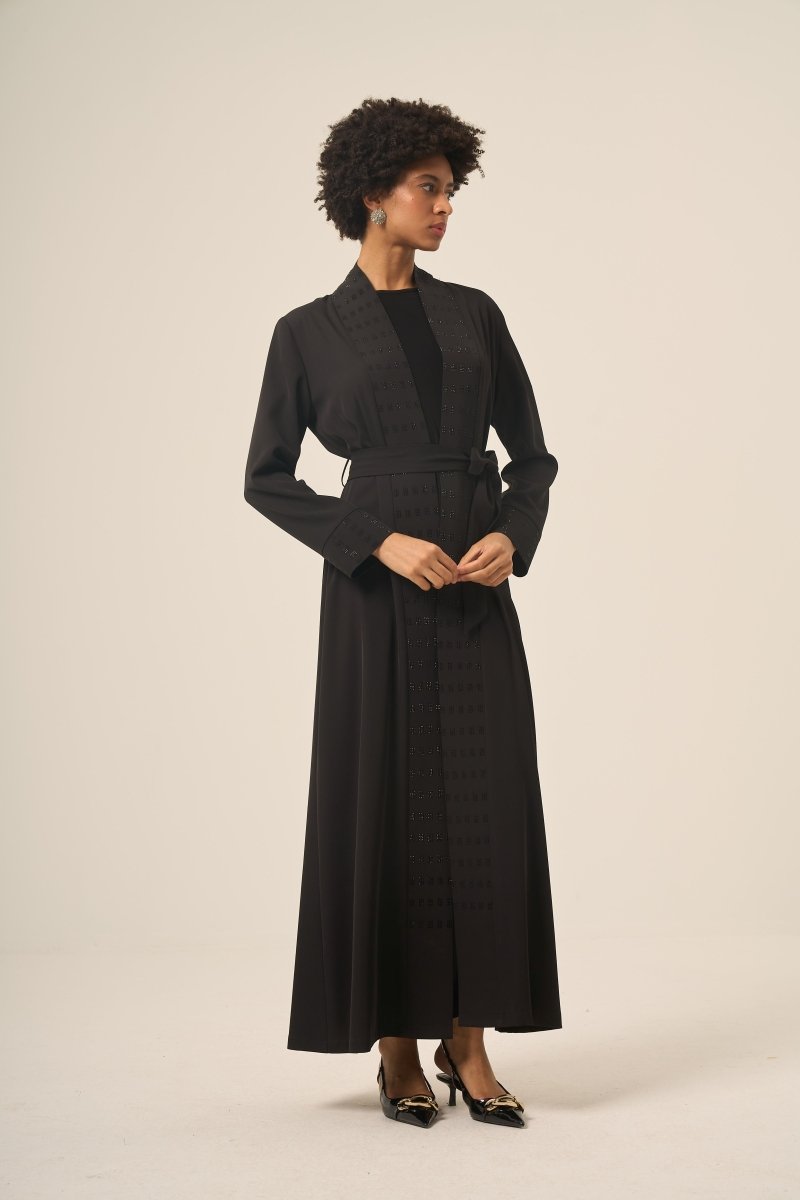 Black Two - Piece Square Abaya with Stone Embellishments and Detachable Belt - 6508 - 25 Black - ihvan