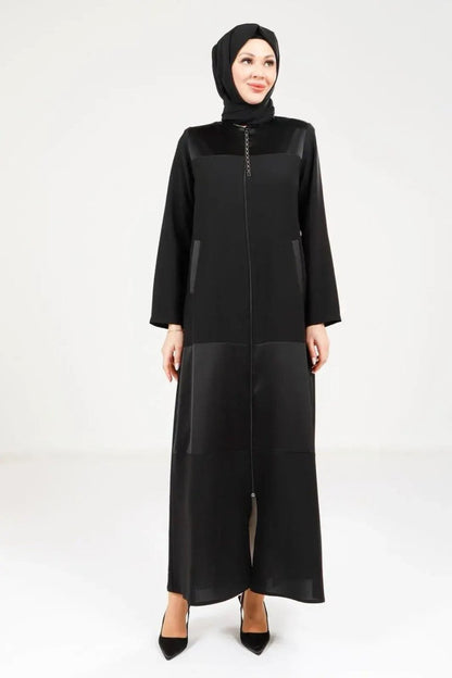 Black Zippered Front Pocket Embroidered Fabric Detail Hijab Abaya 9208 - 25 - ihvan