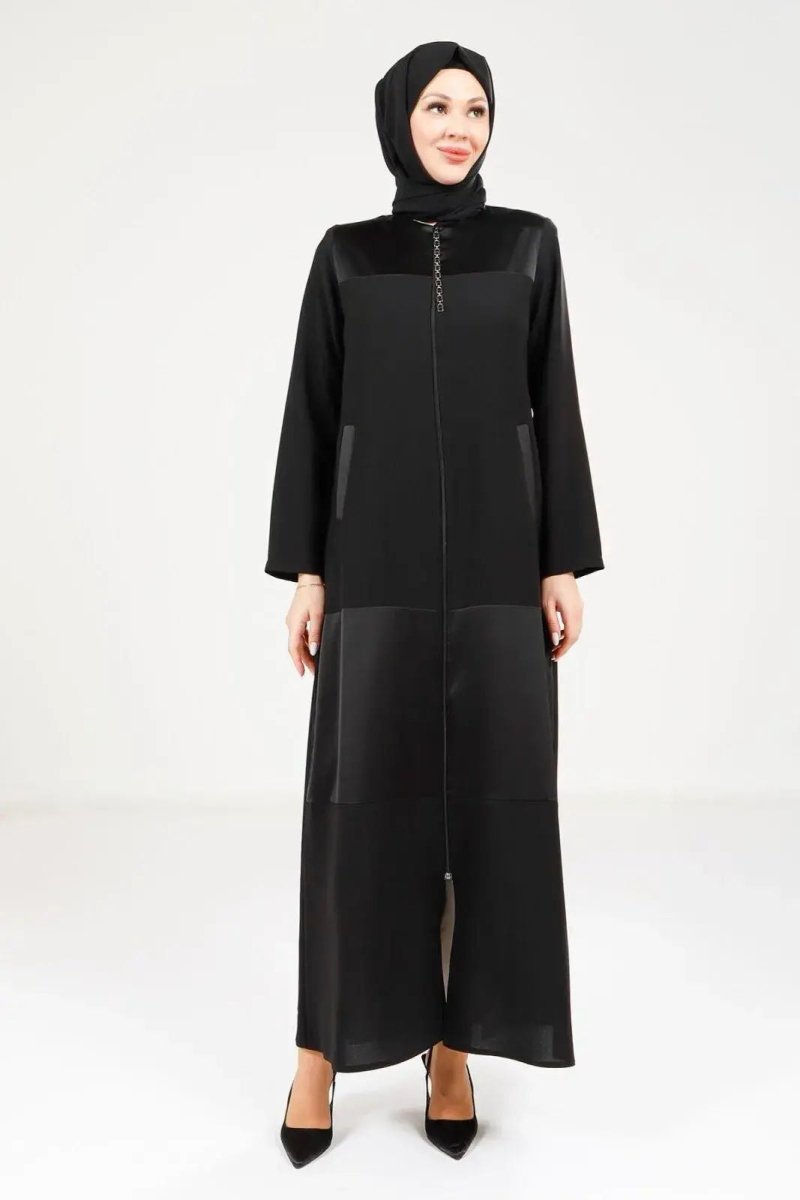 Black Zippered Front Pocket Embroidered Fabric Detail Hijab Abaya 9208 - 25 - ihvan