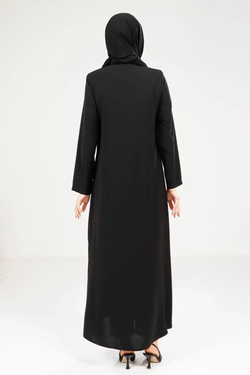 Black Zippered Front Pocket Embroidered Fabric Detail Hijab Abaya 9208 - 25 - ihvan
