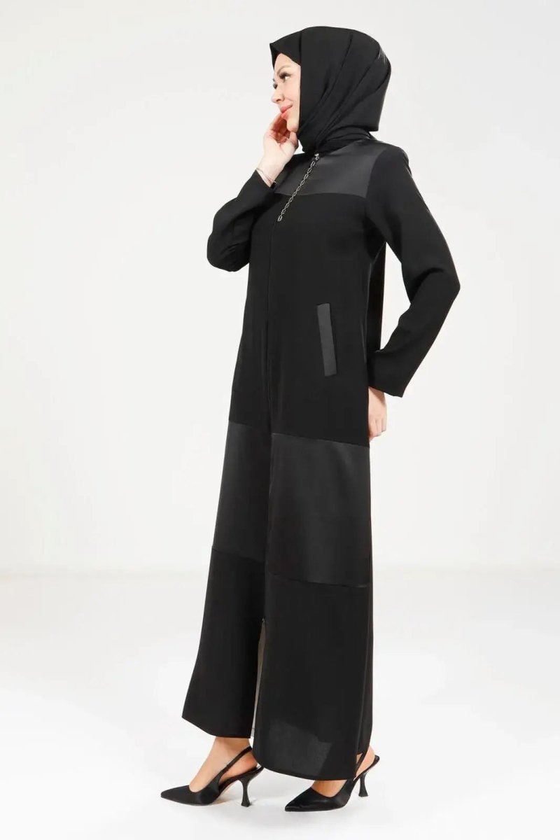 Black Zippered Front Pocket Embroidered Fabric Detail Hijab Abaya 9208 - 25 - ihvan